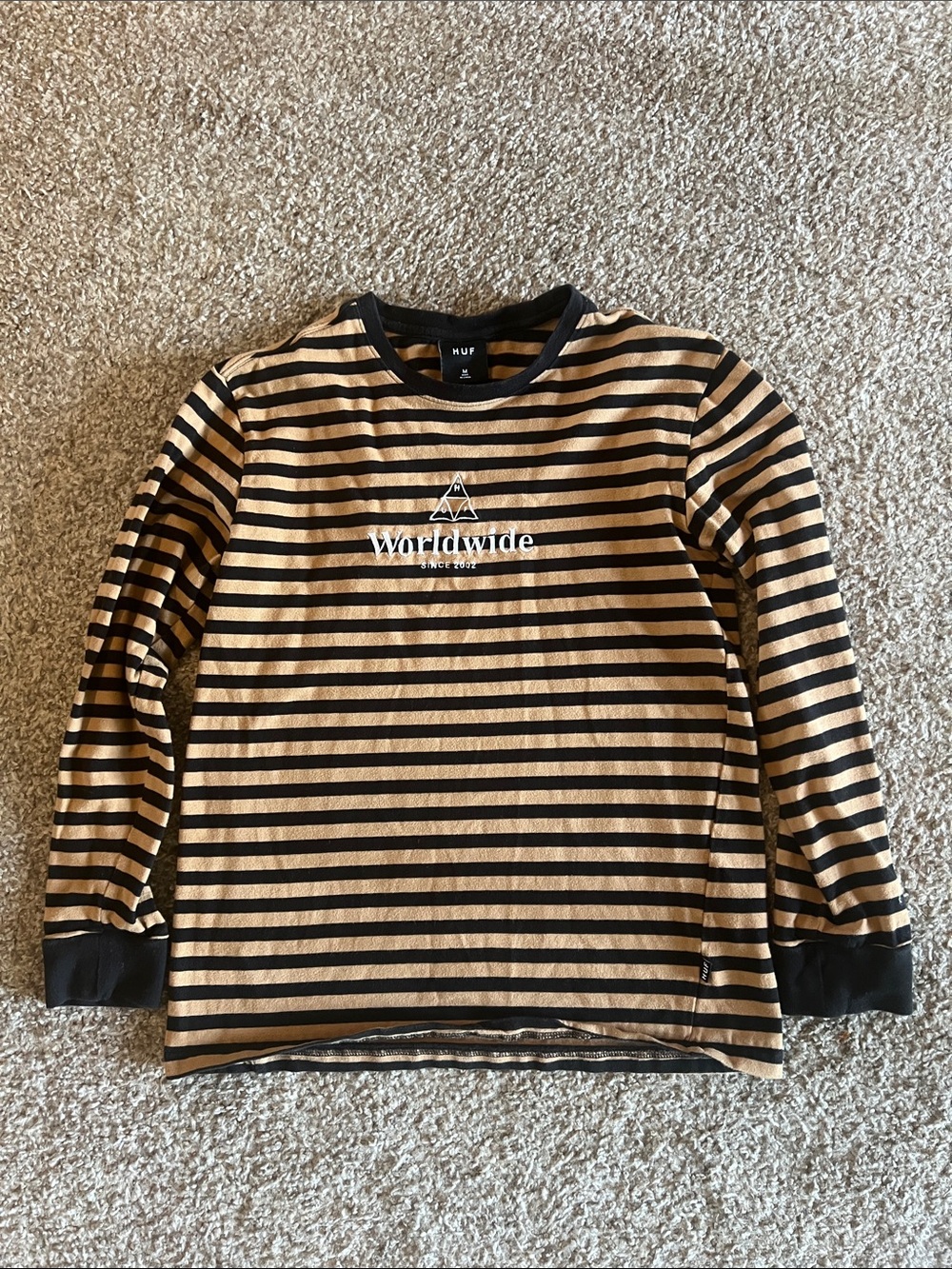 HUF Kids' Black & Tan Striped Long Sleeve Tee - Worldwide Logo
